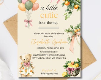 Invitación para baby shower "Una pequeña belleza", editable e imprimible, plantilla de Canva, invitación para baby shower de niña.
