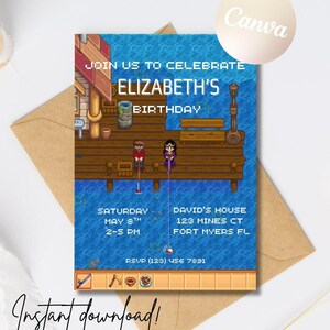 May include: A digital invitation with a pixelated design, featuring a pier scene with two figures fishing. The text reads "Join us to celebrate Elizabeth's Birthday" with event details. The words "Instant download!" are also present.