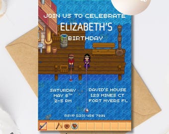 Stardew Valley Birthday Invite, Stardew Valley, Video Game Invite, Birthday Invite, Fun-and-games, Fishing Dock, Fishing Pier