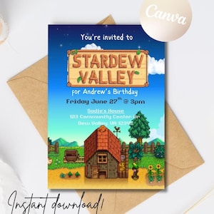 Może przedstawiać: Cyfrowa karta zaproszenia z motywem Stardew Valley. Karta zawiera kolorową ilustrację sceny z farmy z domem, drzewami i słonecznikami. Tekst zawiera "You're invited to Stardew Valley" oraz szczegóły dotyczące urodzin Andrew.