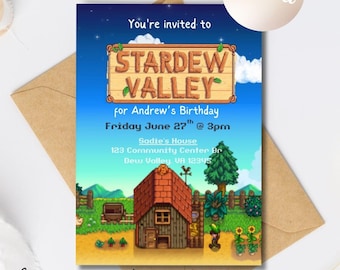 Stardew Valley Birthday Invite, Stardew Valley, Video Game Invite, Birthday Invite, Fun-and-games, Green Forest, Mountain View