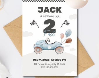Two Fast Birthday Invitation Race Car 2nd Birthday Invite Racing Car Vintage Race car Printable Template Instant Download