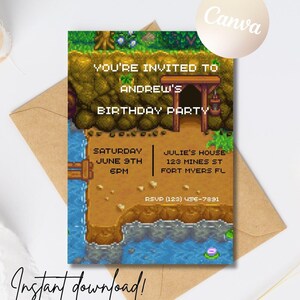 May include: A pixelated birthday party invitation featuring a landscape with text that reads "You're invited to Andrew's Birthday Party." Details include the date, time, and location. The words "Instant download!" are also visible.