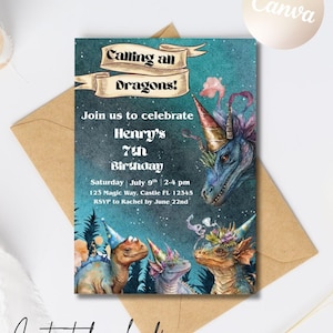 Calling All Dragons Einladung, bearbeitbare Drachen-Geburtstags-Einladungsvorlage, geschlechtsneutrales Drachen-Party-Thema, druckbare Dracheneinladung