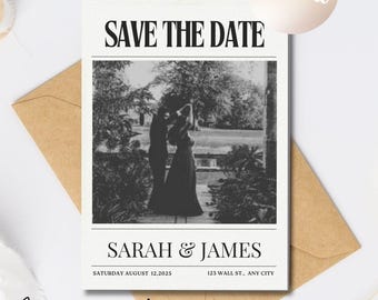 Editable Save the Date Newspaper Template, Wedding Announcement, Engagement Newspaper, Canva Template