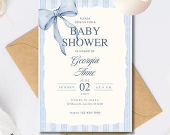 Szablon zaproszenia na baby shower z niebieską kokardą do wydrukowania, dla chłopca, zaproszenie na baby shower z niebieską kokardą, zaproszenie na baby shower dla chłopca z kokardą