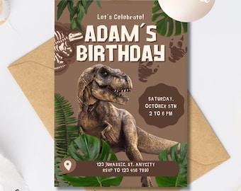 May include: A brown birthday invitation featuring a Tyrannosaurus Rex illustration. The invitation includes the text "Adam's Birthday", date, time, and address details. Green leaves and dinosaur fossil graphics frame the design. The words "Instant download!" are also included.