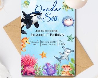 Invitation d'anniversaire Oneder la mer, modèle modifiable, 1er anniversaire d'invitation, imprimable, non sexiste sous la mer inviter