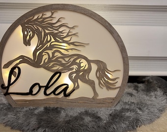 Personalized lamp with intricately laser-cut horse motif and desired name