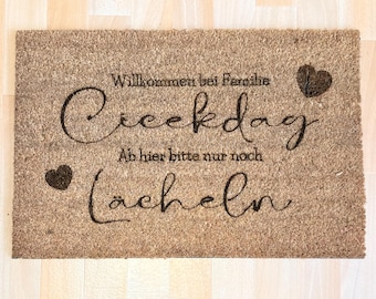 Handmade personalized coconut doormat – “Welcome to the family… – From here…”
