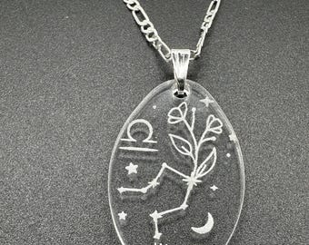 Clear Acrylic Zodiac Sign Pendant Necklace | Engraved Constellation | Gift | Handmade