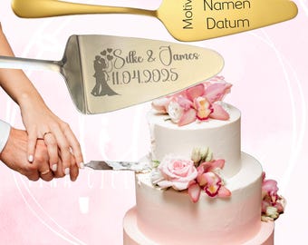 Personalized wedding cake server | Engraving with names, date & motif