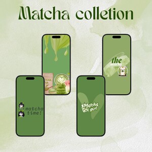 Puede incluir: Una colección de fondos de pantalla verdes para teléfonos con temática de matcha. Los fondos de pantalla presentan gráficos relacionados con el matcha, incluyendo matcha goteando, lattes de matcha y el texto "Matcha collection", "Matcha time!" y "Matcha girl".