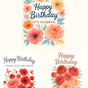 Fijne verjaardag bloemenkaarten, drie aquarelbloemontwerpen