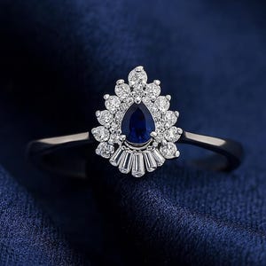 Pear-Cut Sapphire Engagement Ring, 14K Solid Gold with Diamond Accents, Elegant Promise Ring Gift