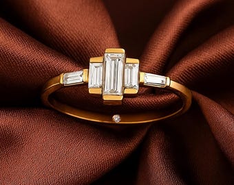 Anillo Art Déco de diamantes baguette en oro macizo de 14 quilates. Elegante anillo de compromiso.