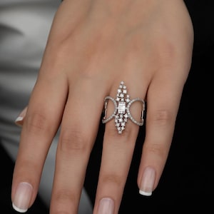 14K White Gold Victorian Style Diamond Ring – Intricate Filigree, Statement Heirloom