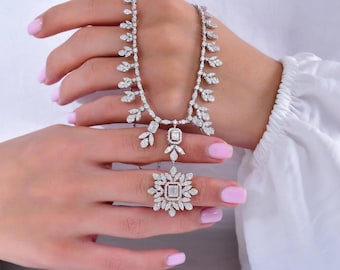 Diamond Earrings & Necklace Set – 14K Solid Gold Wedding Jewelry