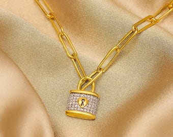 Diamond Padlock Necklace – 14K Solid Gold Lock Pendant with Genuine Diamonds