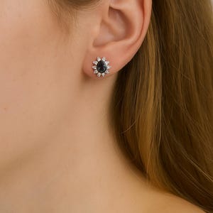 Oval Sapphire Diamond Halo Earrings • 14K Gold Vintage Style Studs • Everyday Earrings
