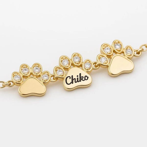 Diamond Paw Print Bracelet, 14K Gold Pet Jewelry, Gift for Mom