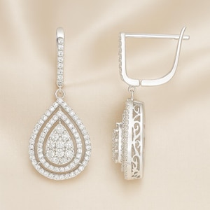 14k White Gold Dangle Diamond Earrings, Elegant Drop Earrings, Fine Jewelry Gift for Her
