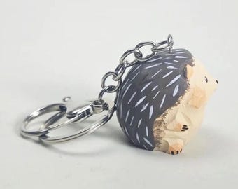 Hand Carved Wooden Hedgehog Keychain: Woodland Animal Bag Charm