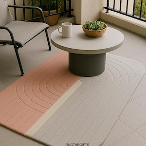 Handmade Tufted Geometric Rug: Pink & Beige Minimalist Carpet
