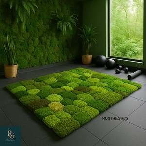 Hand Tufted Green Moss Rug: Soft Wool 3D Texture, Botanical Decor
