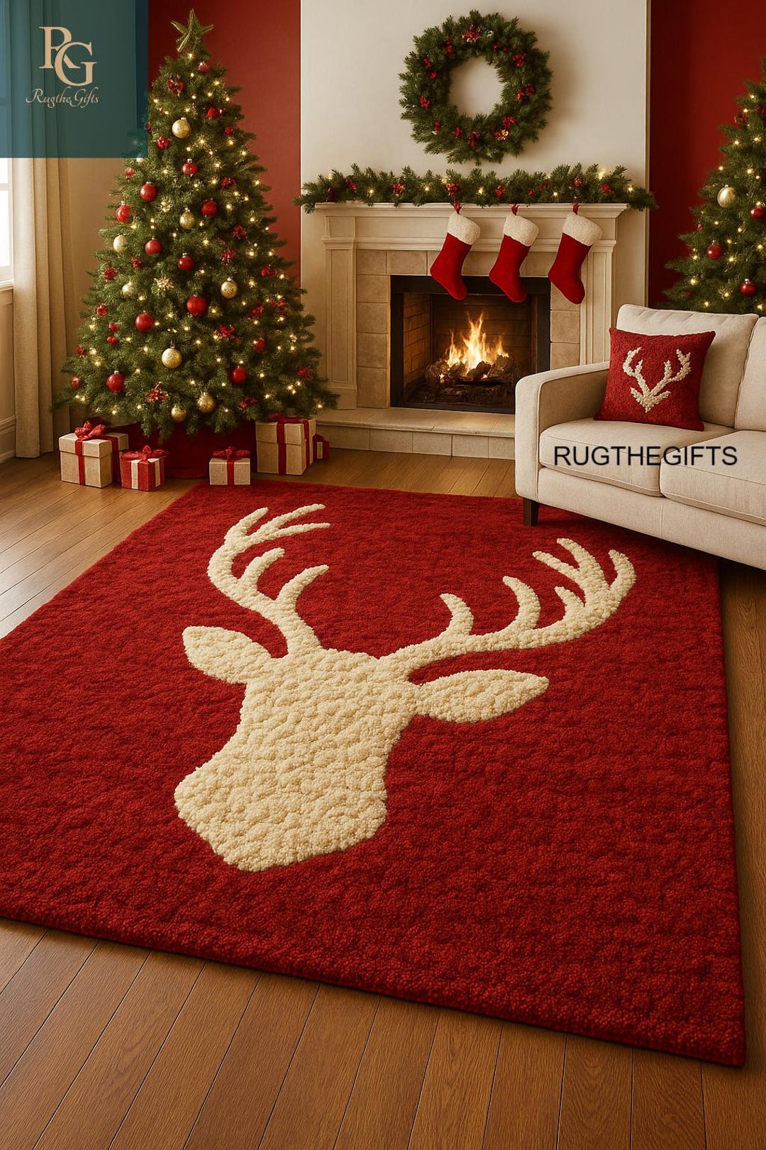 Christmas Red Reindeer Rug – Holiday Area Rug With Antler Design ...