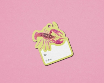 New Orleans Louisiana Mardi Gras Pink Glitter Crawfish Gift Tags, To and From, Personalized