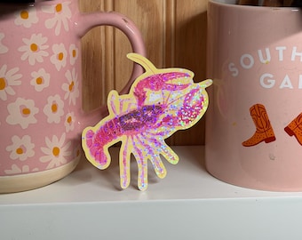 Mardi Gras Pink Glitter Hollographic Crawfish Sticker Valentine’s Day, Crayfish