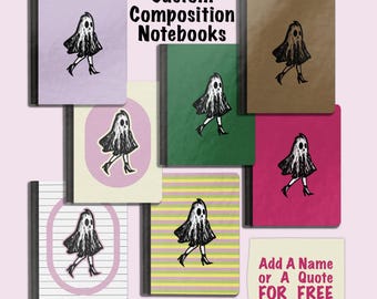 Cute GHOST Halloween Custom Personalized Composition Notebook Cover Sticker, 9.5 in x 7.5 in, Add names or quotes, Laminated Notebook Cover