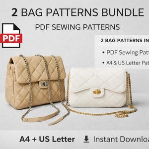 May include: Two quilted handbag patterns in PDF format. One bag is beige with a chain strap, the other is white with a gold chain strap. The text reads "2 BAG PATTERNS BUNDLE PDF SEWING PATTERNS". Includes A4 and US Letter pattern pages.