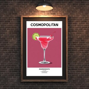 Lámina artística de cóctel Cosmopolitan, póster enrollable, decoración de bar, regalo para mixólogos, arte mural para bar, regalo de cumpleaños, decoración de pared de cocina