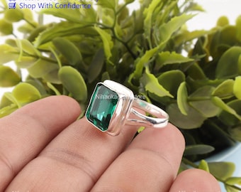 Green Emerald Art Deco Ring 925 Sterling Silver May Birthstone Jewelry