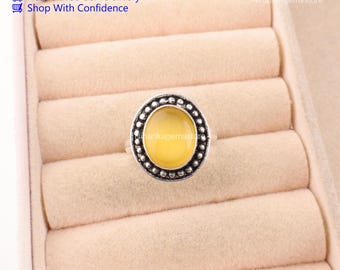 Bague oeil de chat jaune faite main en argent sterling 925, bijoux en pierres précieuses naturelles