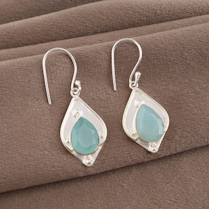 Aqua Chalcedony Drop Earrings: 925 Sterling Silver, Handmade Gemstone Jewelry