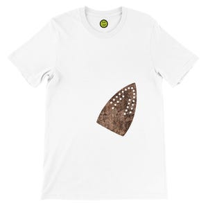 May include: White t-shirt featuring a brown iron graphic with white dot details. The iron graphic is positioned on the lower right side of the shirt. The shirt has a crew neck and short sleeves. A small, green smiley face is on the upper chest.