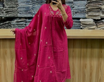 Conjunto Salwar Kameez de Algodão Bordado – Vestido Indiano Floral de 3 Peças para Festa