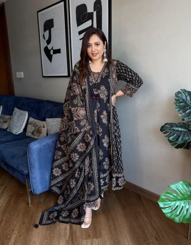 ajrak dupatta with black dress Black Ajrakh Chanderi Silk Dupatta with mirror work – Entwine
