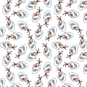 May include: A repeating pattern of Olaf's face from the film Frozen on a white background. The cartoon character has a white head, a carrot nose, and brown twig-like hair. The image is a repeating pattern.
