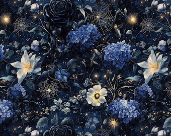 May include: A dark, floral pattern featuring blue roses, hydrangeas, and white lilies against a deep navy background. Delicate spiderwebs and glowing golden lights add a whimsical touch to the botanical design. The overall theme is a moody, romantic aesthetic.