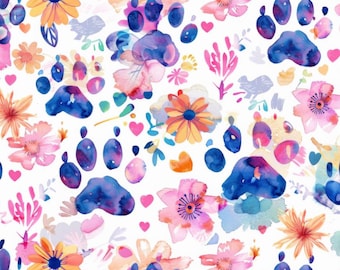 Colorful Dog Paw Floral Cartoon Style 100% Pure Cotton Fabric Custom DIY Fabric By The Half Yard