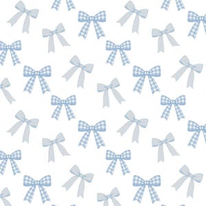 May include: A repeating pattern on a white background featuring light blue and white gingham check bows. The design consists of multiple bows arranged in a grid-like layout, each displaying a classic checkered pattern in soft blue tones.