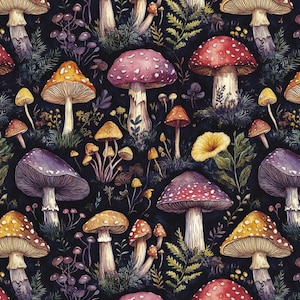 Puede incluir: Ilustración en acuarela de varias setas en un entorno forestal. La imagen presenta un fondo oscuro con setas coloridas en tonos rojos, naranjas, morados y amarillos. Helechos y otro follaje están dispersos por la escena.