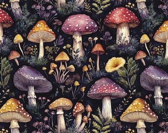 Darkwood Mushroom Pattern 100% Pure Cotton Fabric Custom DIY Fabric By The Half Yard