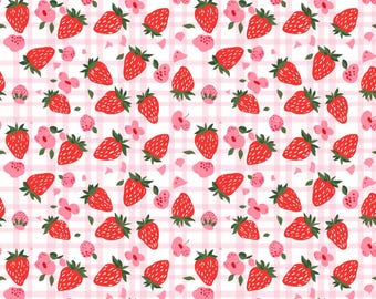 Pink Grid Strawberry Pattern 100% Pure Cotton Fabric Custom DIY Fabric By The Half Yard