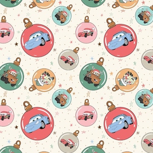 May include: A repeating pattern of Christmas ornaments featuring cartoon cars in various colors. The ornaments are set against a cream background with small stars. Each ornament has a gold cap and a loop for hanging.