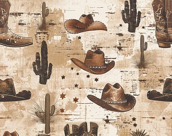 May include: A repeating pattern on a light beige background featuring brown cowboy boots, brown cowboy hats, various green cacti, and small dark brown stars. The design has a distressed, weathered texture throughout the entire surface.